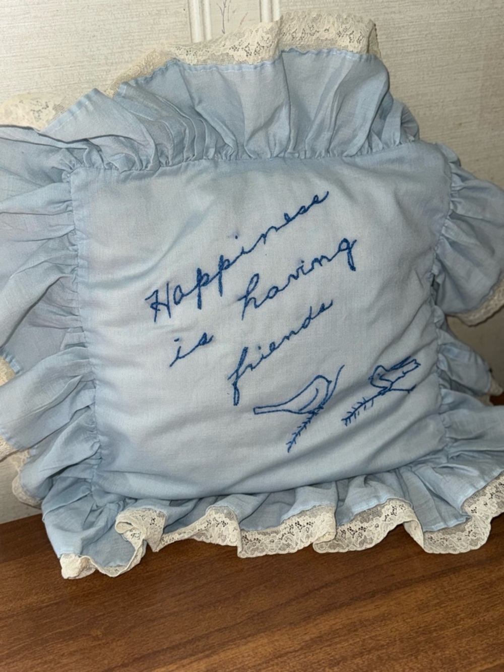 Light Blue Ruffled Decorative Pillow with Embroidered Quote